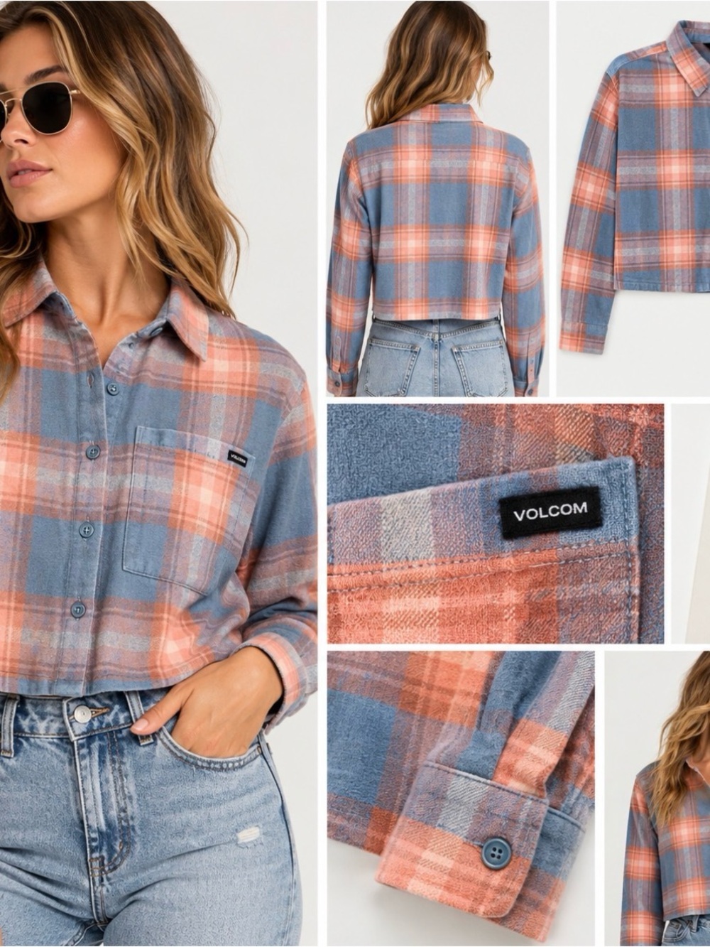 Volcom Women’s Cropped Plaid Flannel Shirt Blue Peach NWT